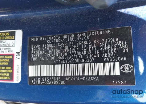 2009 Toyota Camry Se z USA, uszkodzony, nr VIN 4T1BE46K99U395307